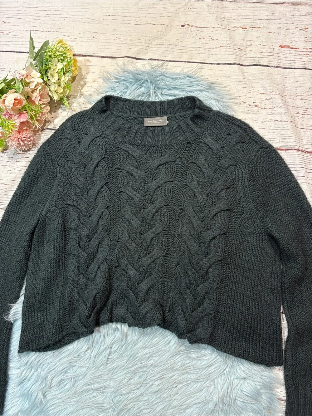 Wooden Ships Black Cropped Wide Cable Knit Mohair Wool Blend Sweater
